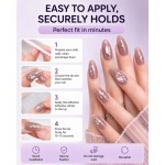Mauve Taupe Medium‑Long Almond Press‑On Nails, Luxury False Nails With Pink Rhinestones Pearls & Silver Foil